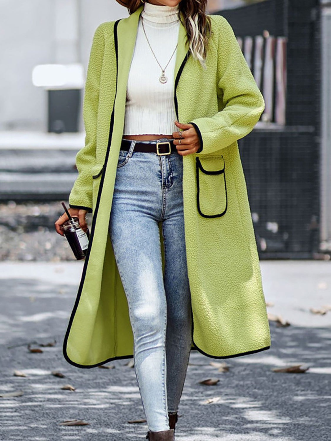 Long Contrast Trim Long Sleeve Coat with Pockets