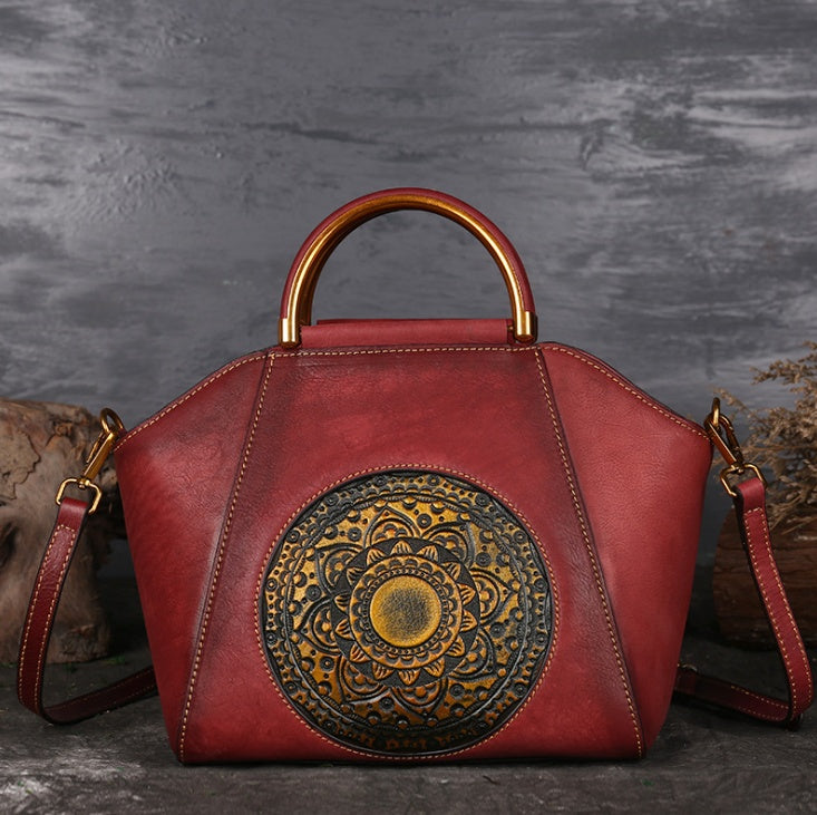 Genuine Leather Embossed Retro Messenger Handbag