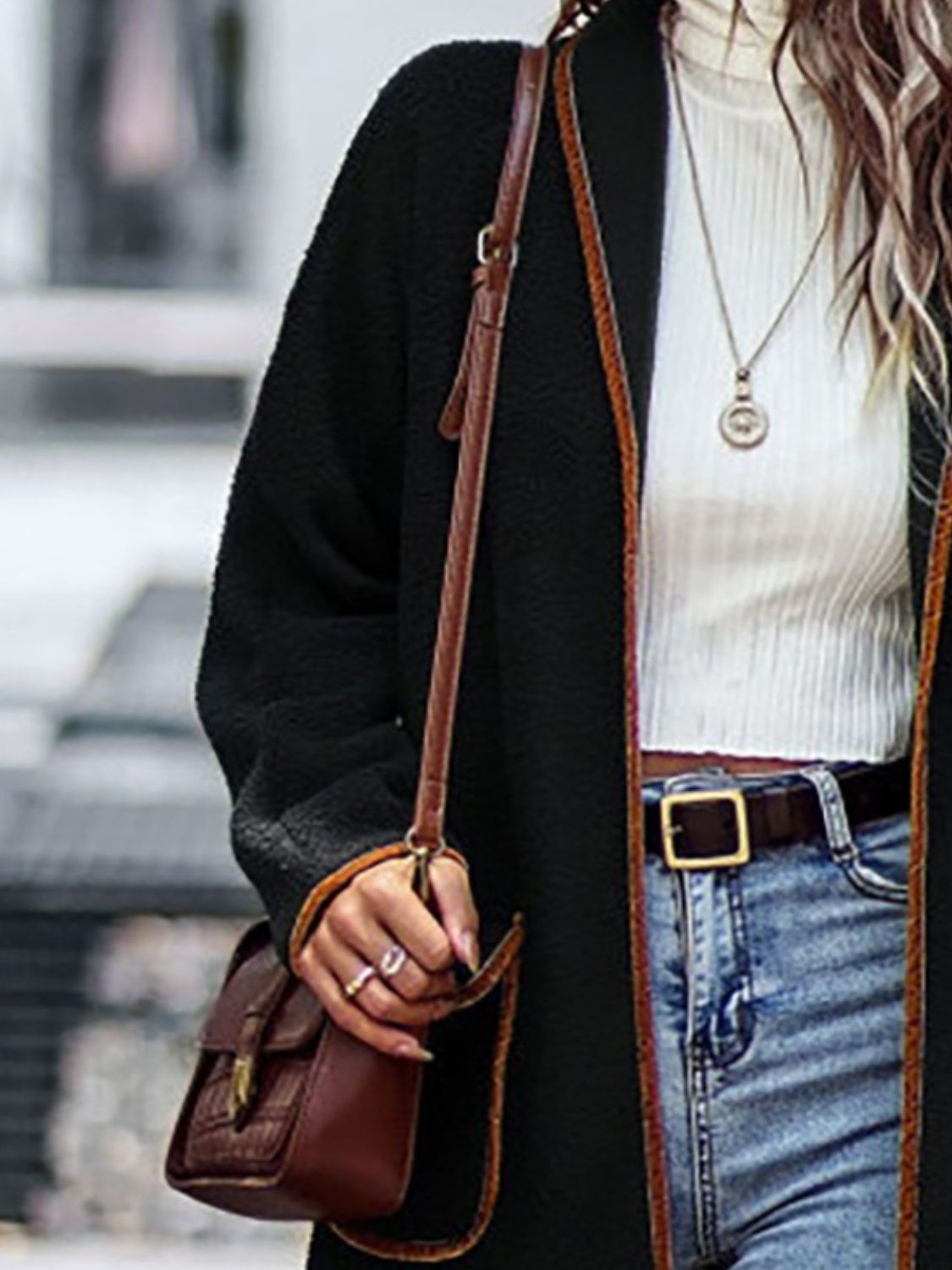 Long Contrast Trim Long Sleeve Coat with Pockets