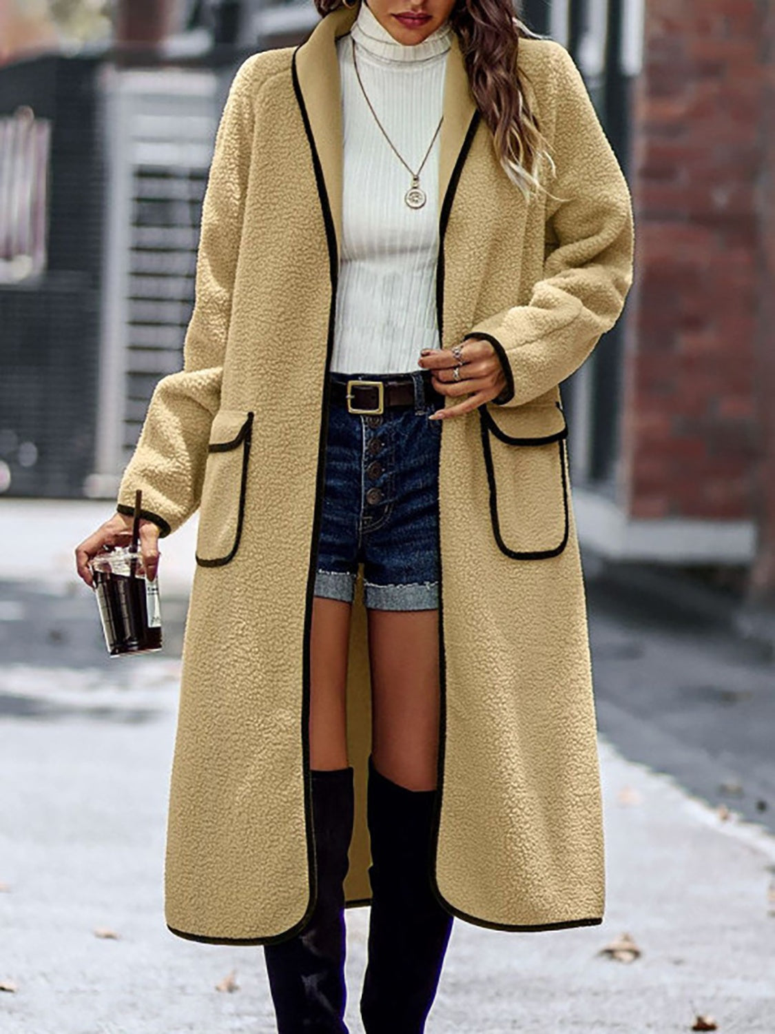 Long Contrast Trim Long Sleeve Coat with Pockets