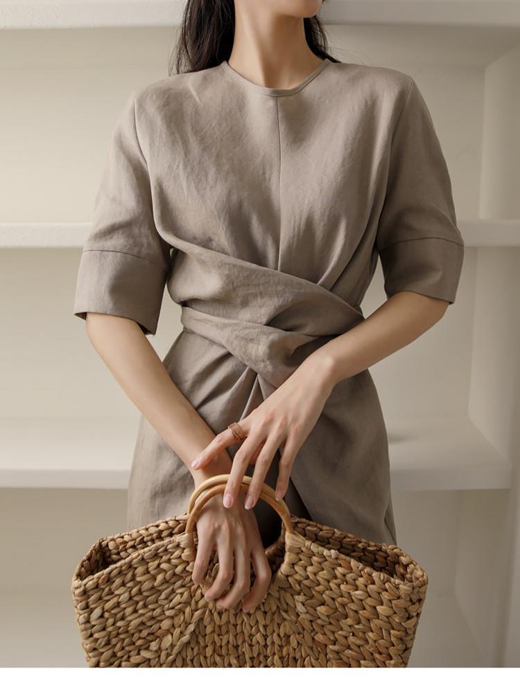 Korean Style Tie Waist Linen Dress