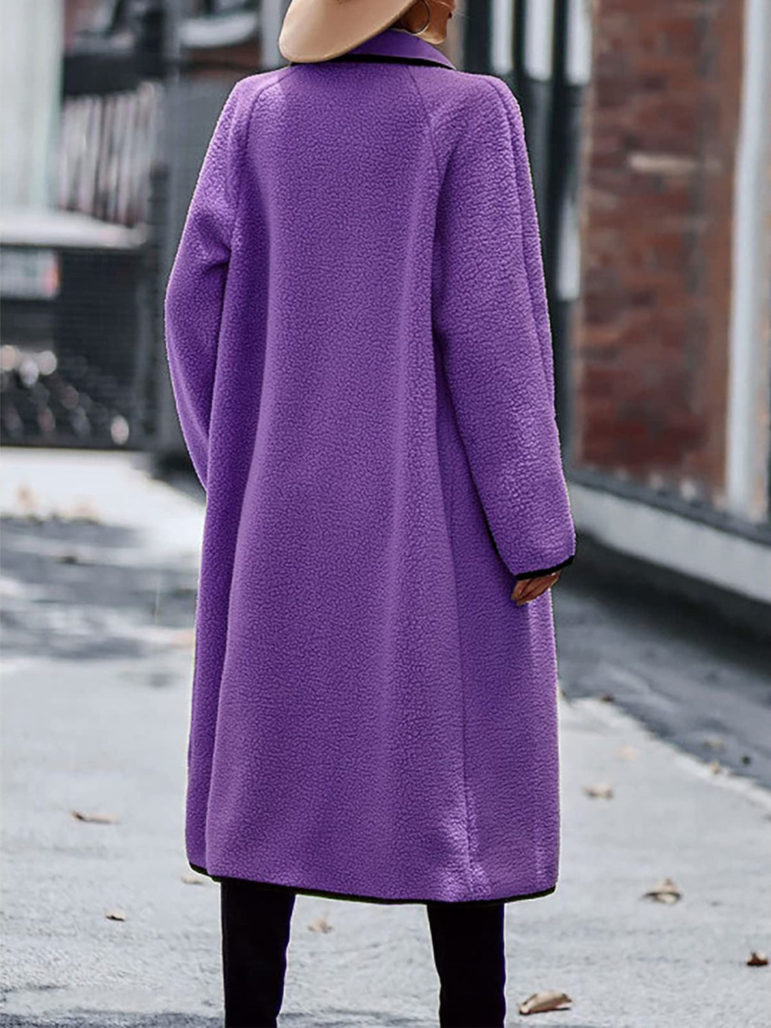 Long Contrast Trim Long Sleeve Coat with Pockets