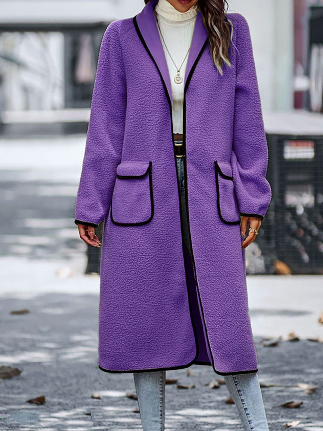 Long Contrast Trim Long Sleeve Coat with Pockets