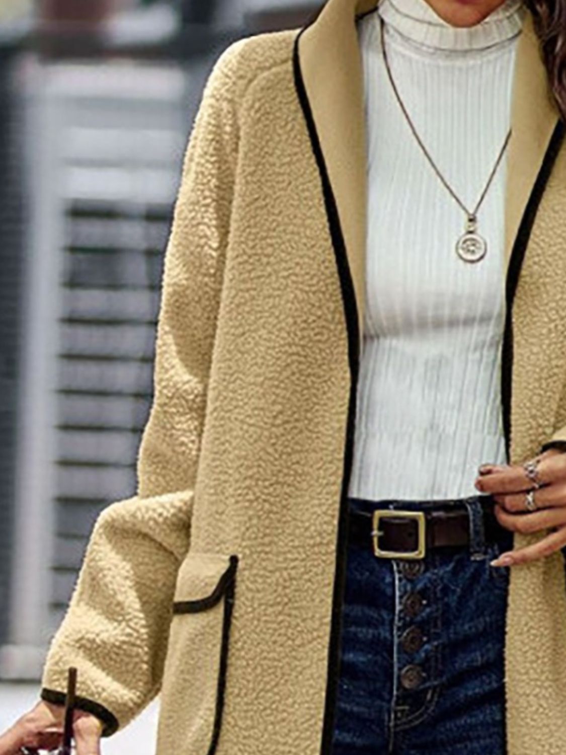 Long Contrast Trim Long Sleeve Coat with Pockets