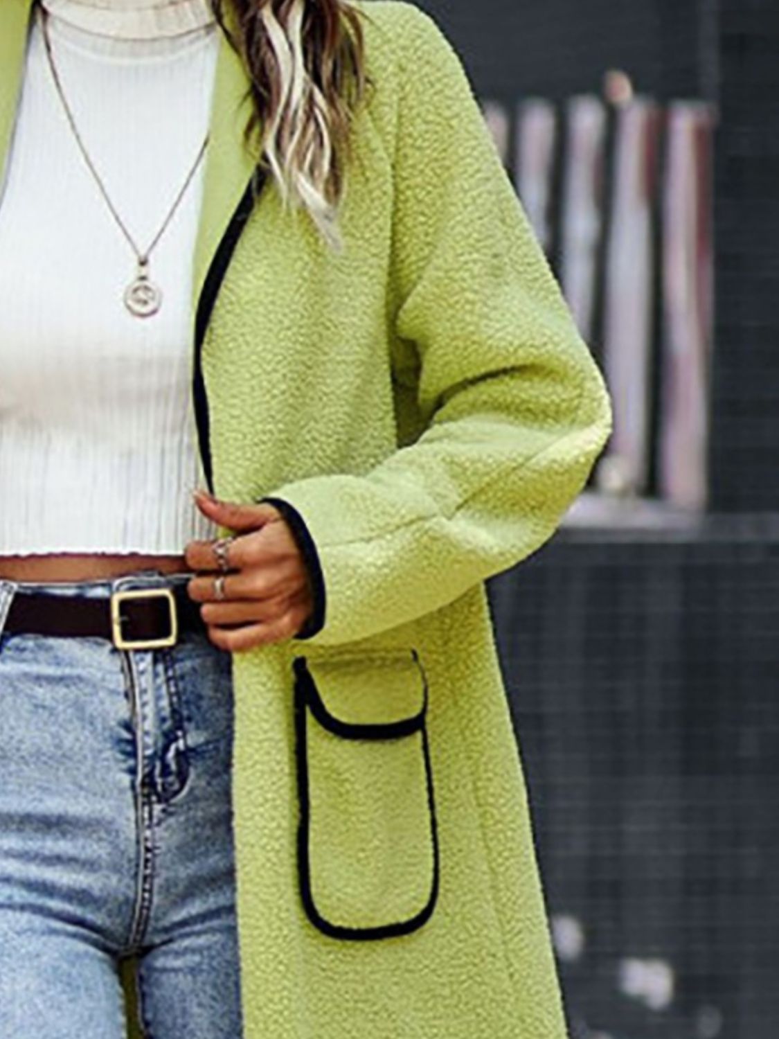 Long Contrast Trim Long Sleeve Coat with Pockets