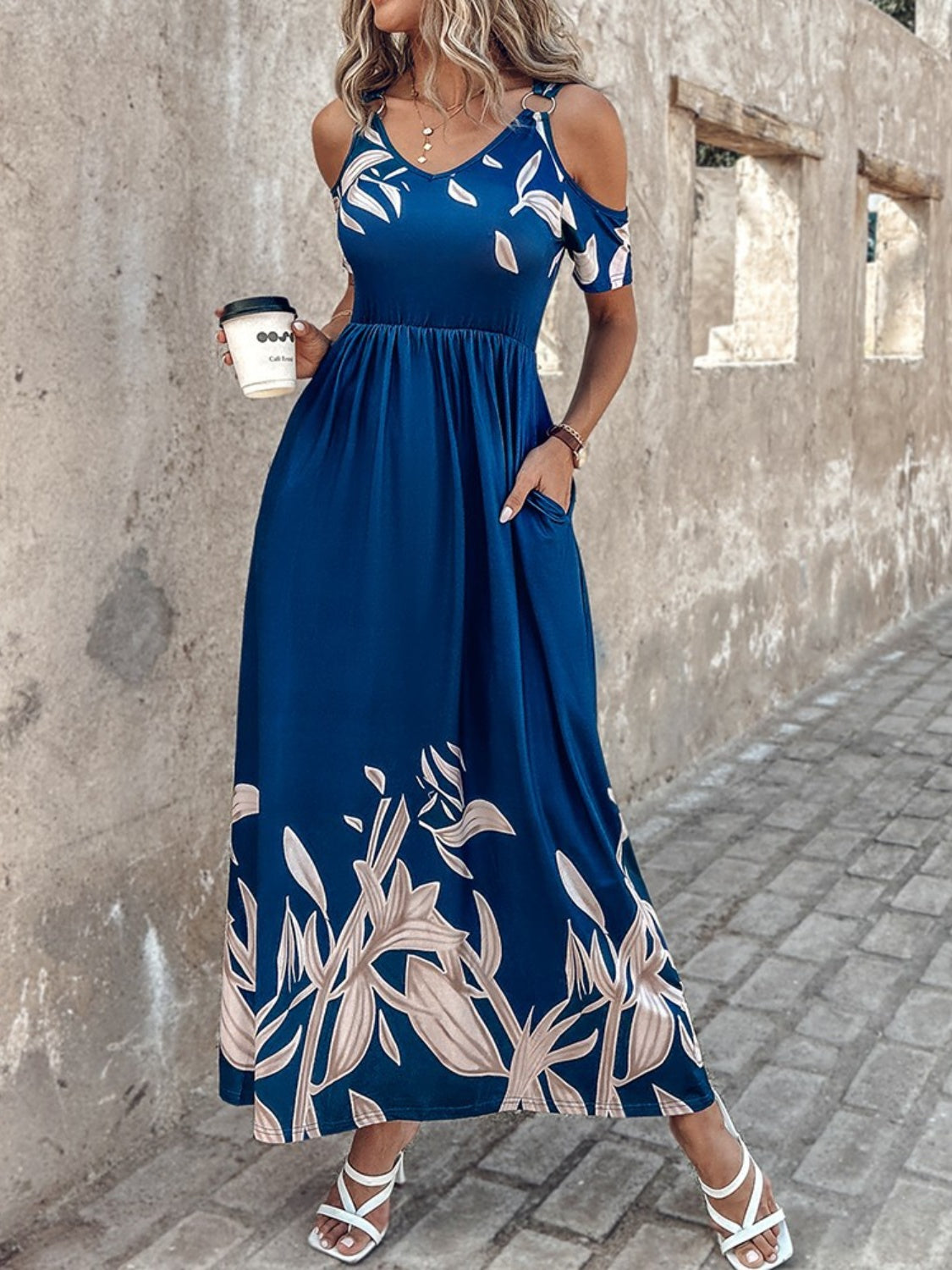 Blue Island Cold Shoulder Short Sleeve Maxi Dress