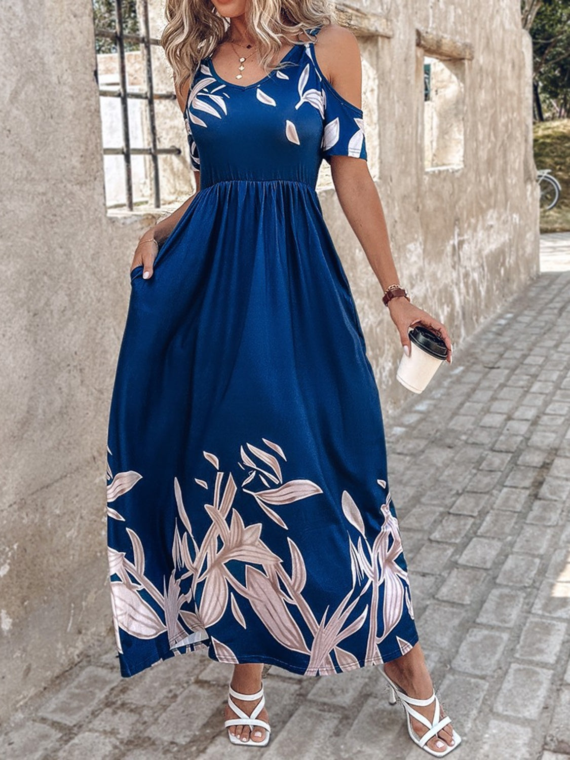 Blue Island Cold Shoulder Short Sleeve Maxi Dress