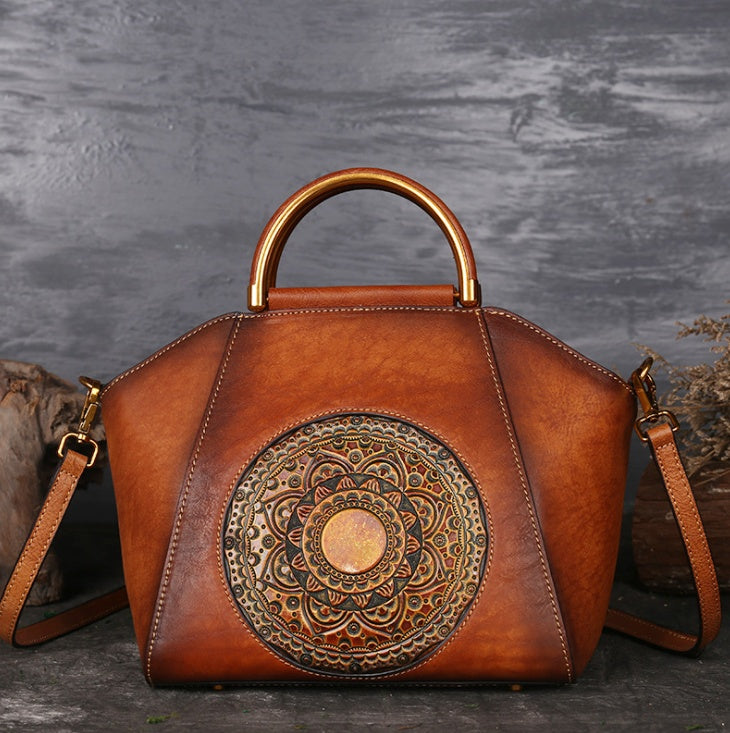 Genuine Leather Embossed Retro Messenger Handbag
