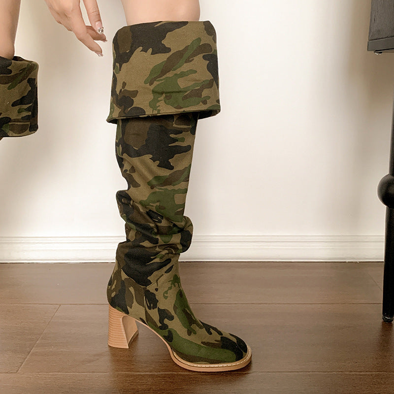 Women's Camouflage Denim Knee High Boots