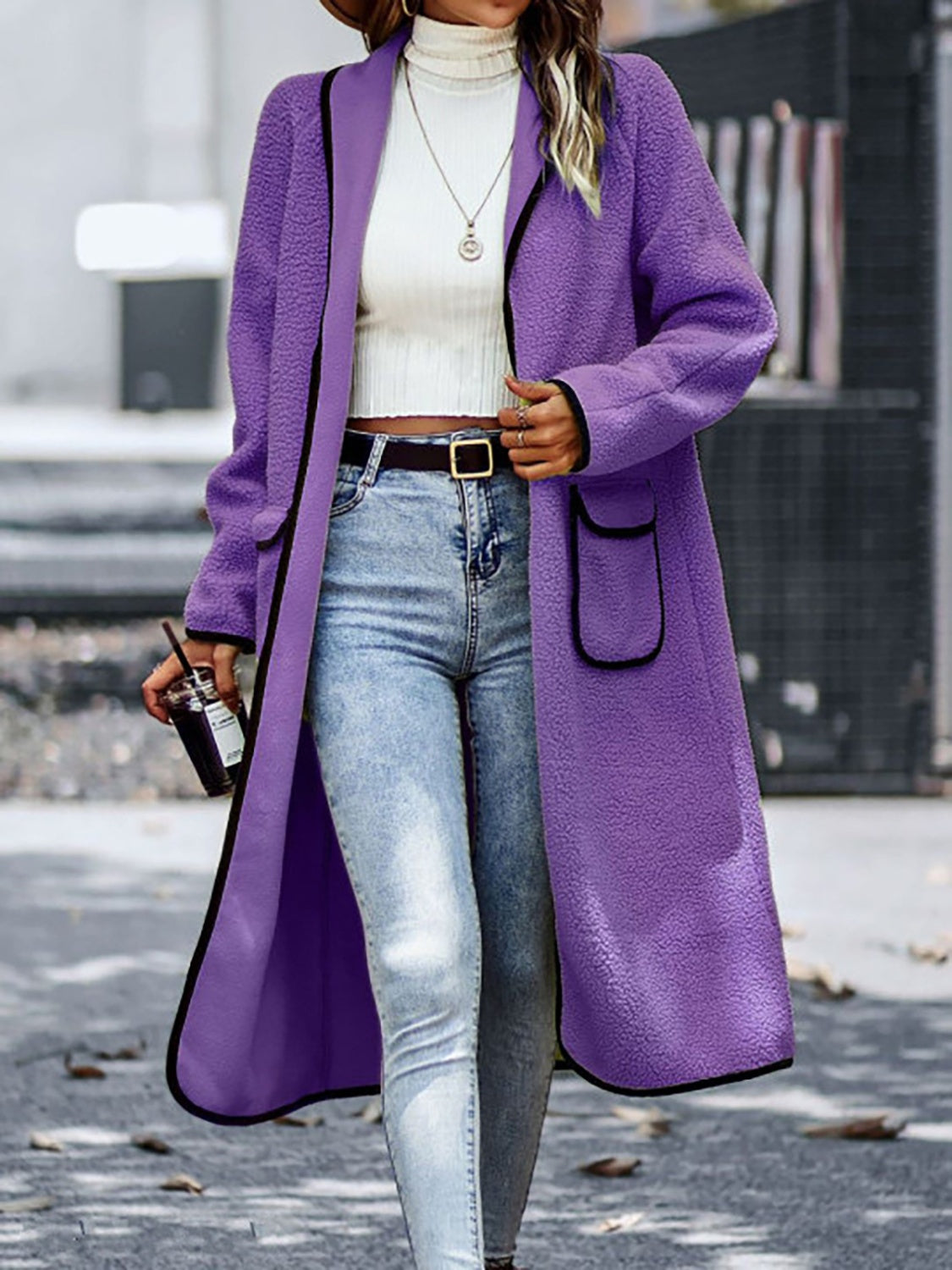 Long Contrast Trim Long Sleeve Coat with Pockets