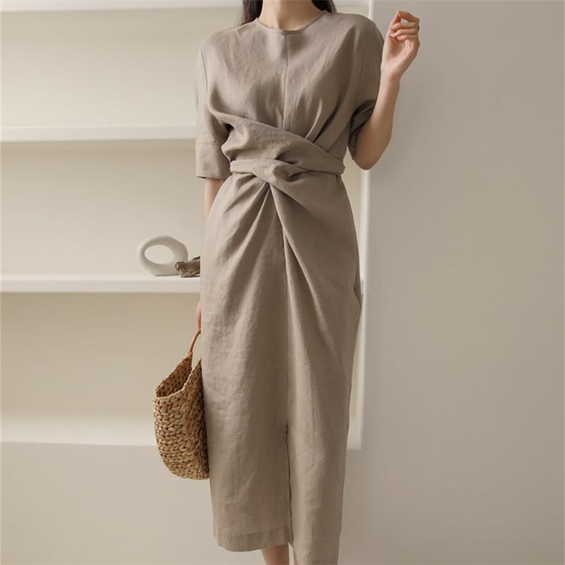 Korean Style Tie Waist Linen Dress