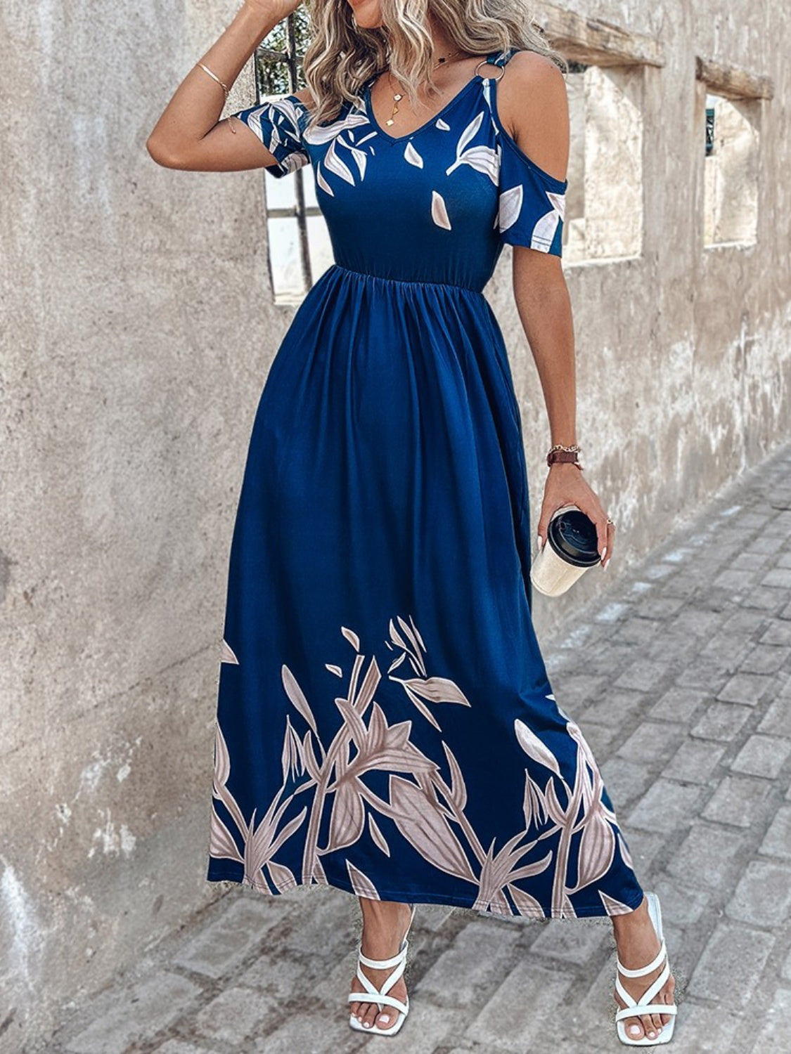 Blue Island Cold Shoulder Short Sleeve Maxi Dress