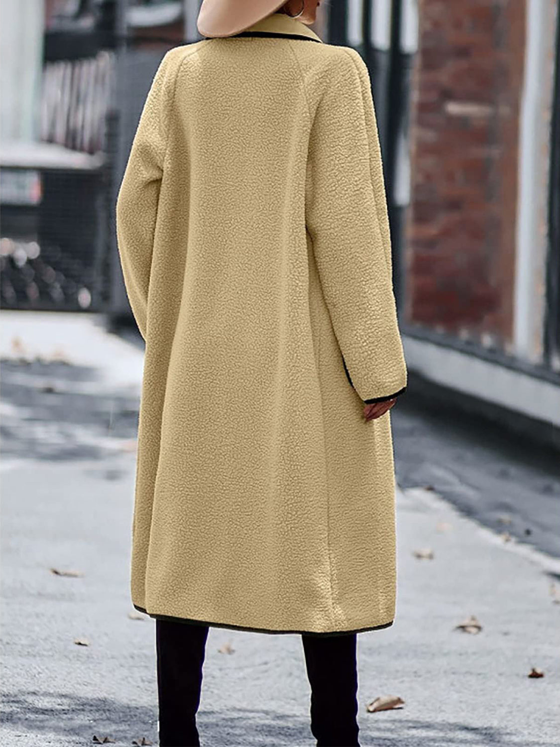 Long Contrast Trim Long Sleeve Coat with Pockets