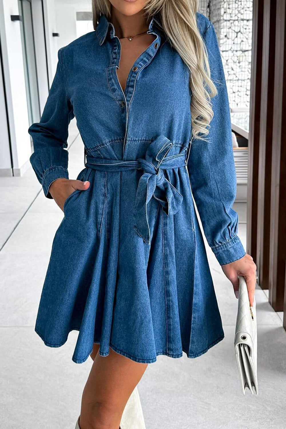 Y.Y. Denim Long Sleeve Dress With Tie Belt