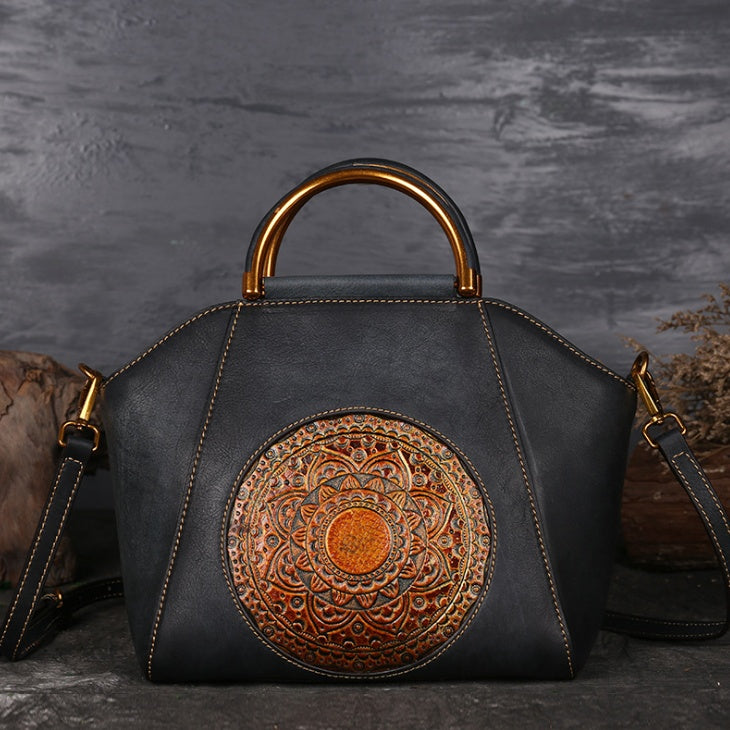 Genuine Leather Embossed Retro Messenger Handbag