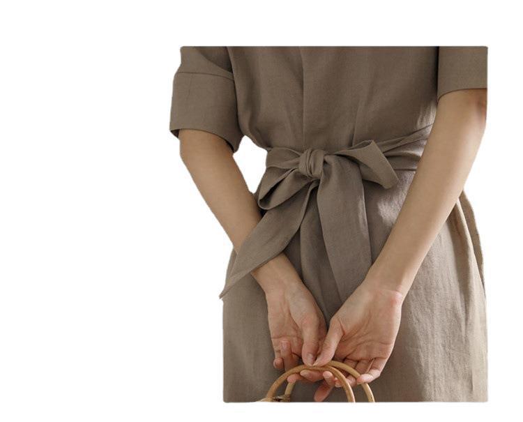 Korean Style Tie Waist Linen Dress