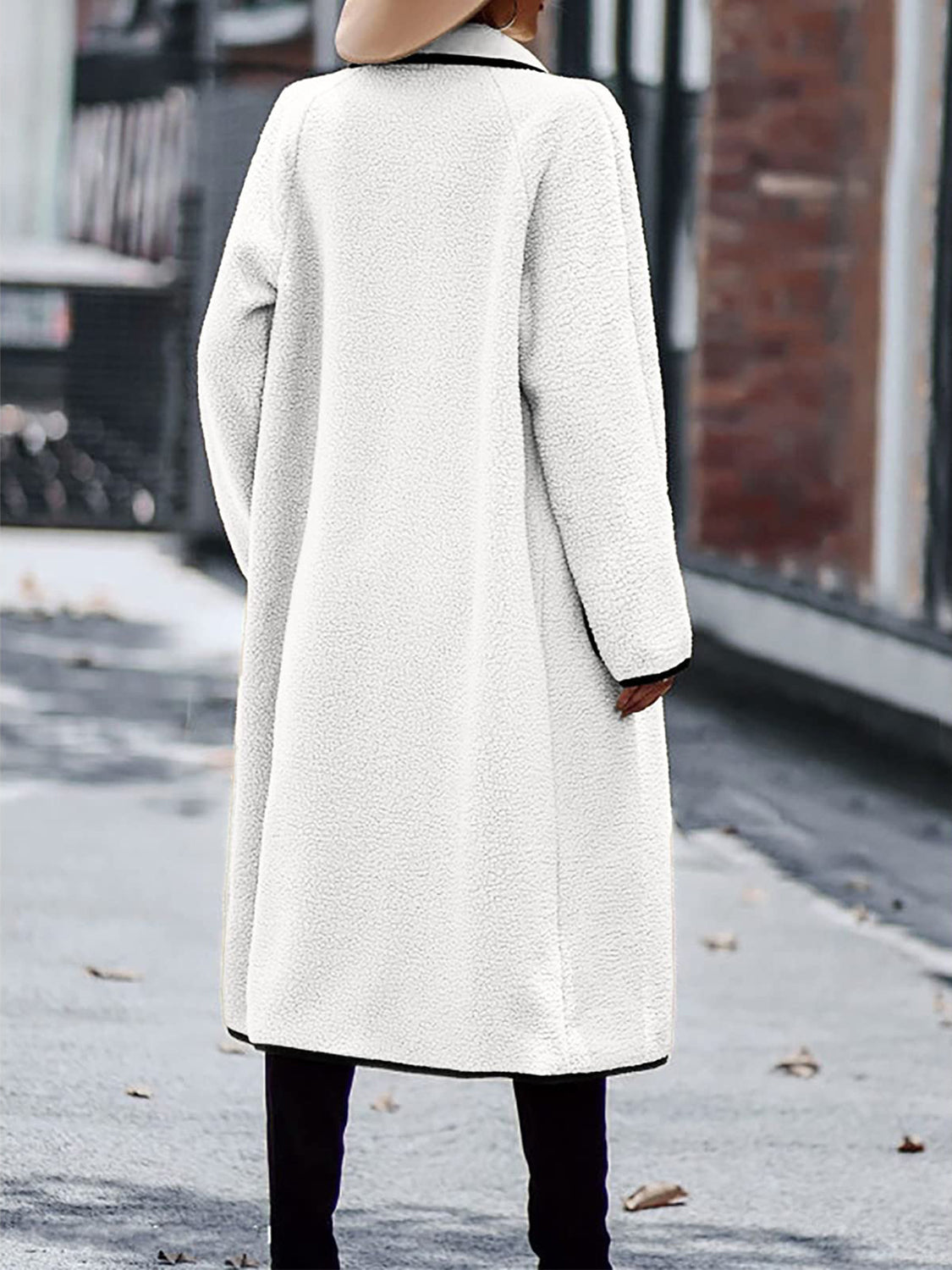 Long Contrast Trim Long Sleeve Coat with Pockets