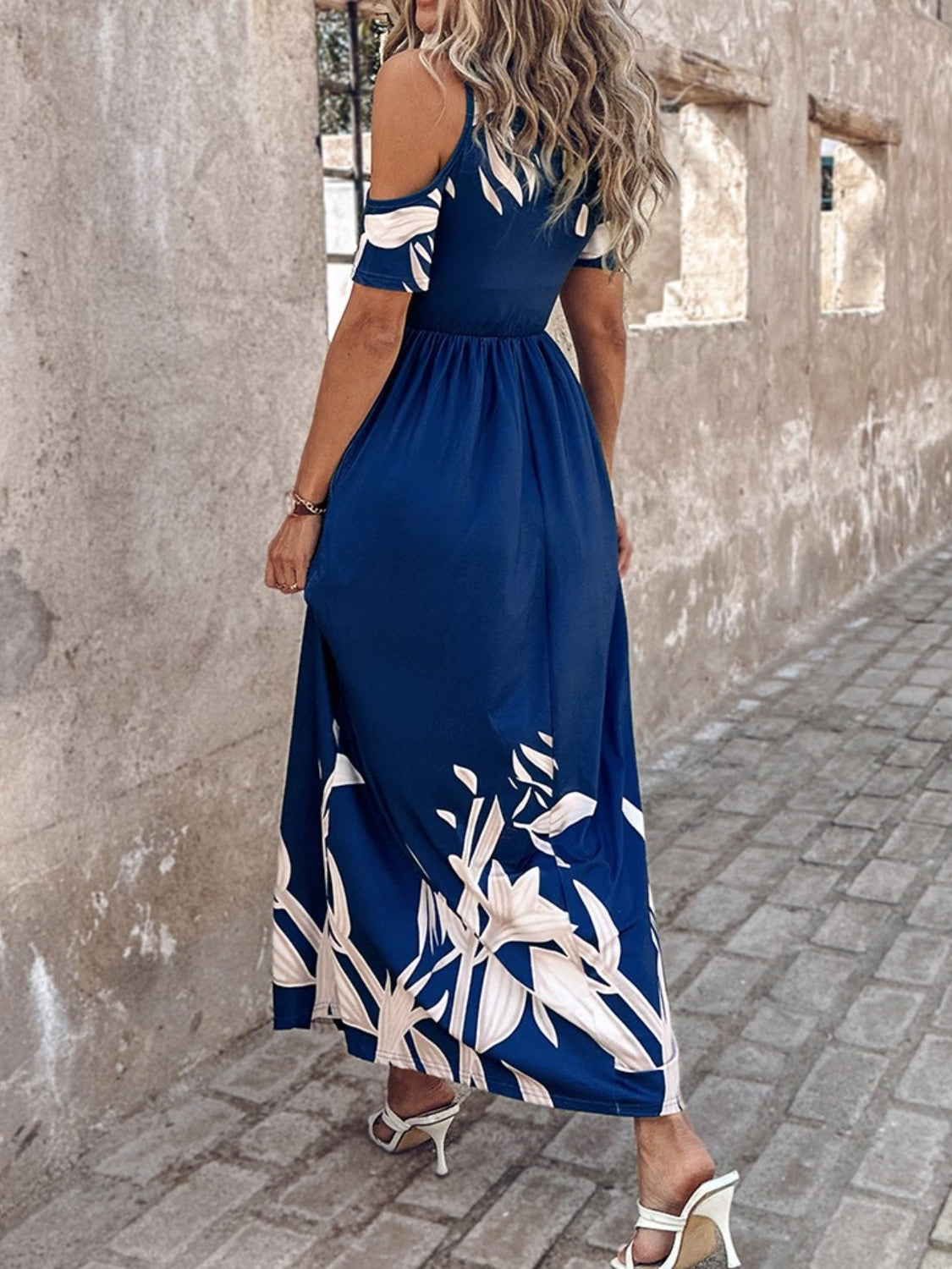 Blue Island Cold Shoulder Short Sleeve Maxi Dress