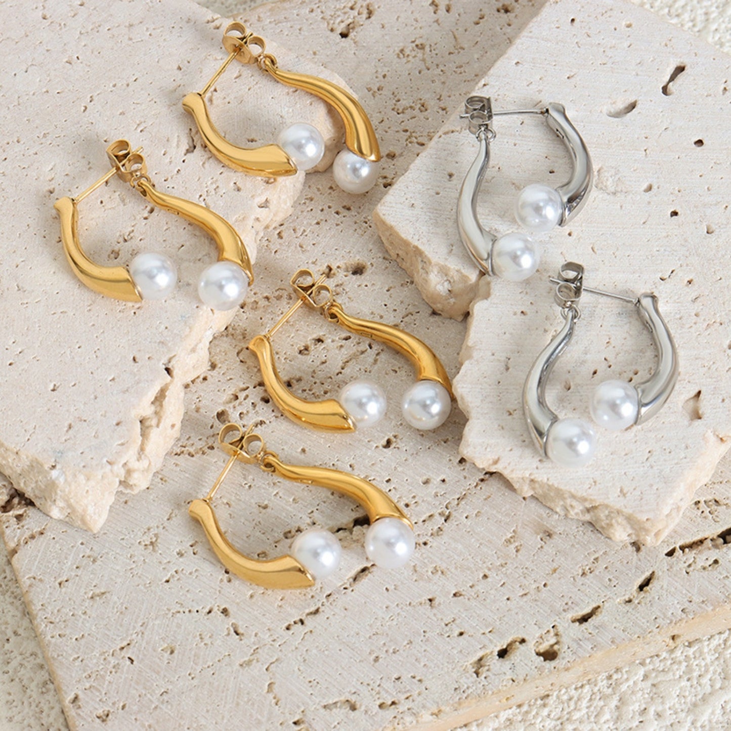 Double Pearl Asymmetrical Earrings