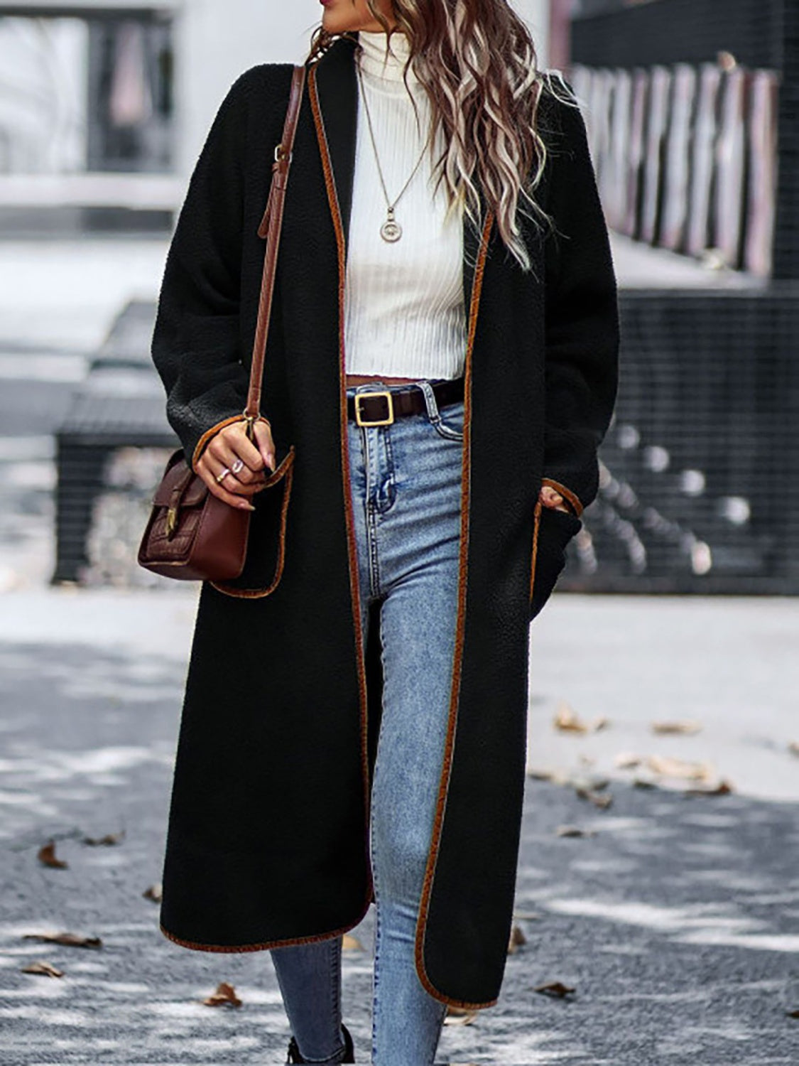 Long Contrast Trim Long Sleeve Coat with Pockets