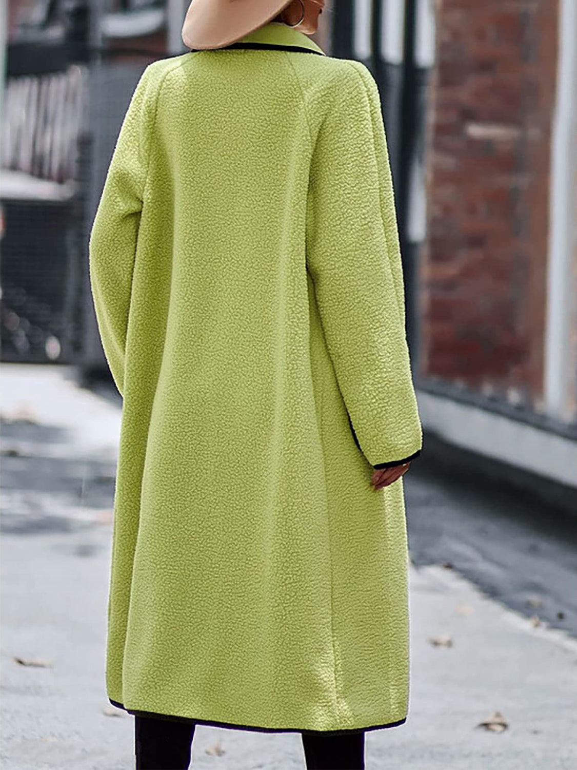 Long Contrast Trim Long Sleeve Coat with Pockets