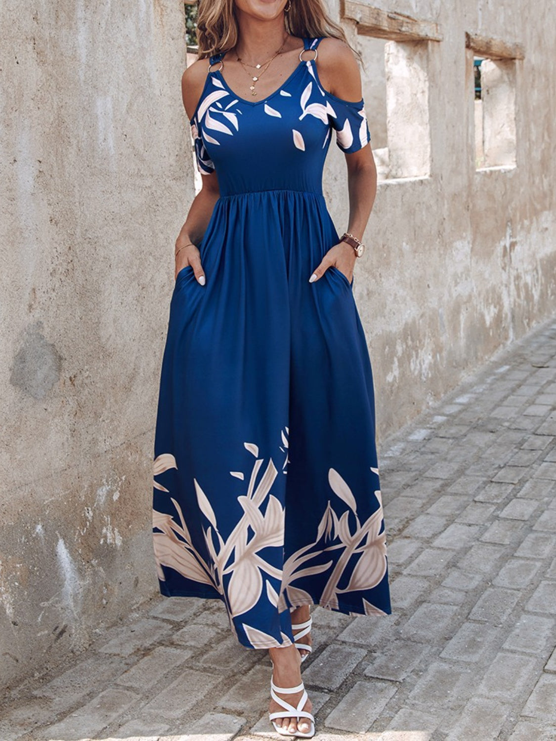 Blue Island Cold Shoulder Short Sleeve Maxi Dress