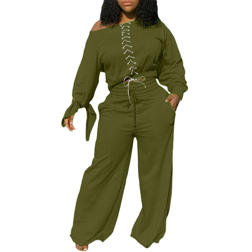 Boat Neck Crossover Tie Top And Wide Leg Pants Two-Piece Set