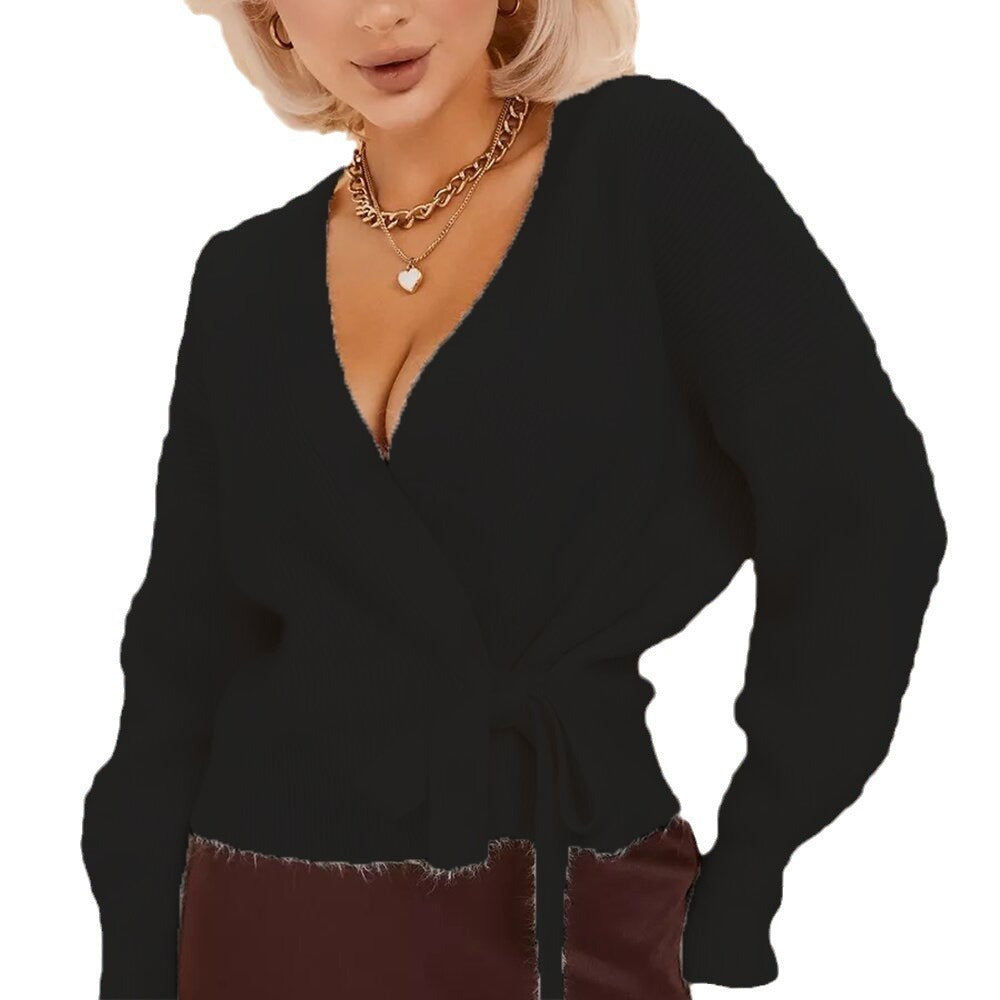 Women's V-neck Lace-up Knitted Wrap Sweater