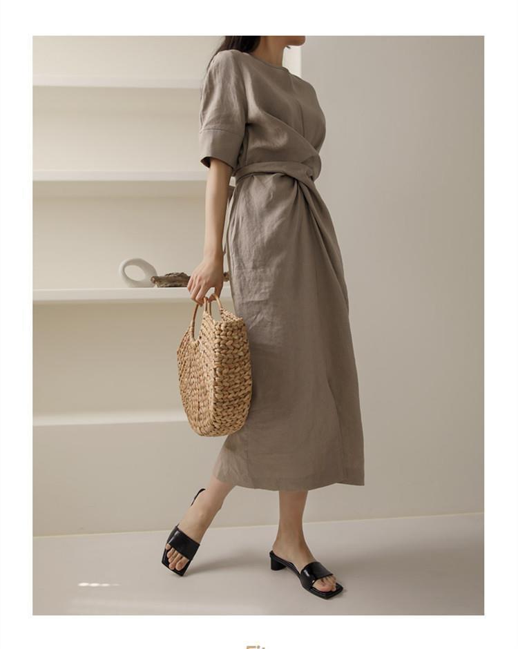 Korean Style Tie Waist Linen Dress