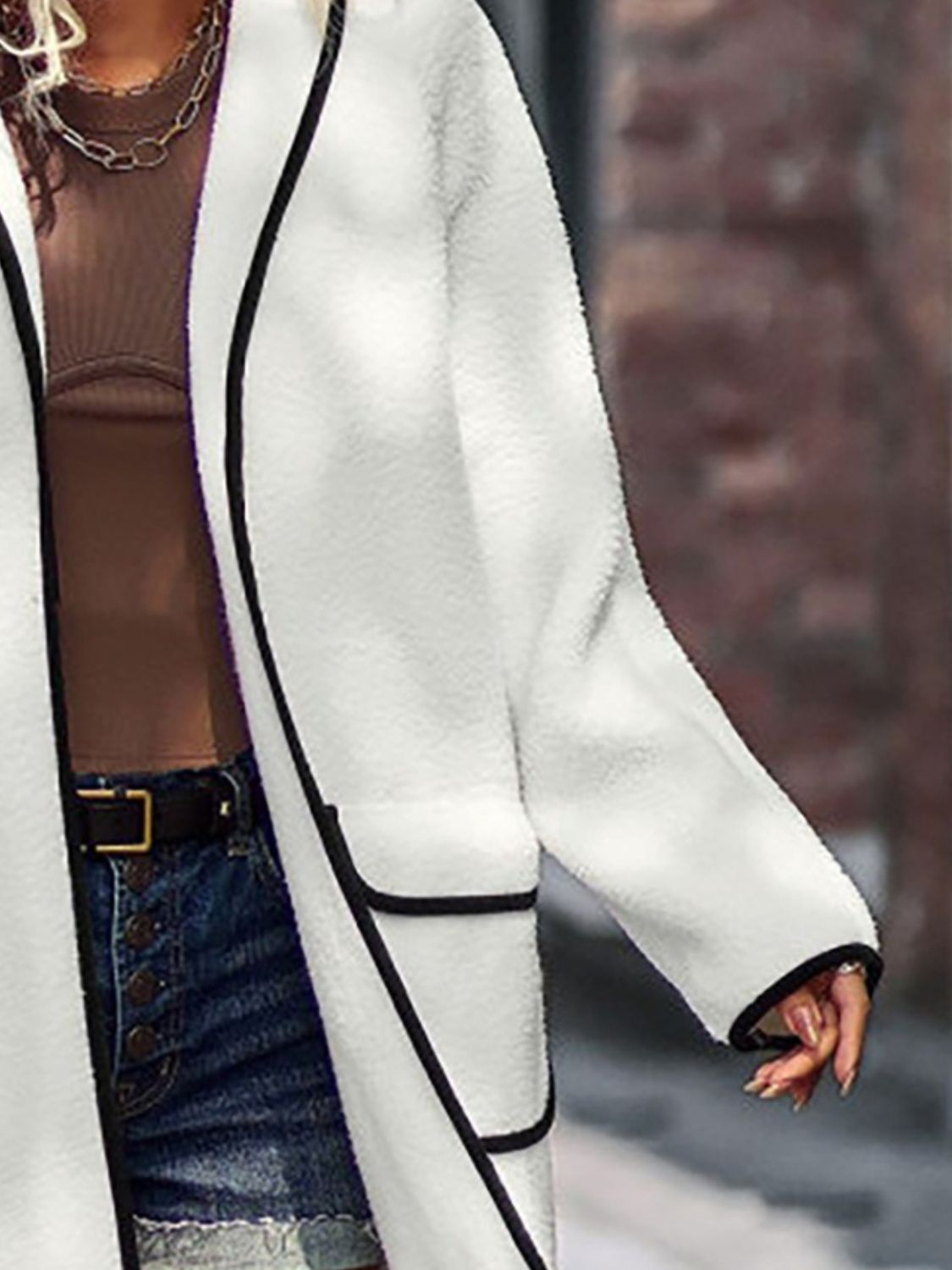 Long Contrast Trim Long Sleeve Coat with Pockets