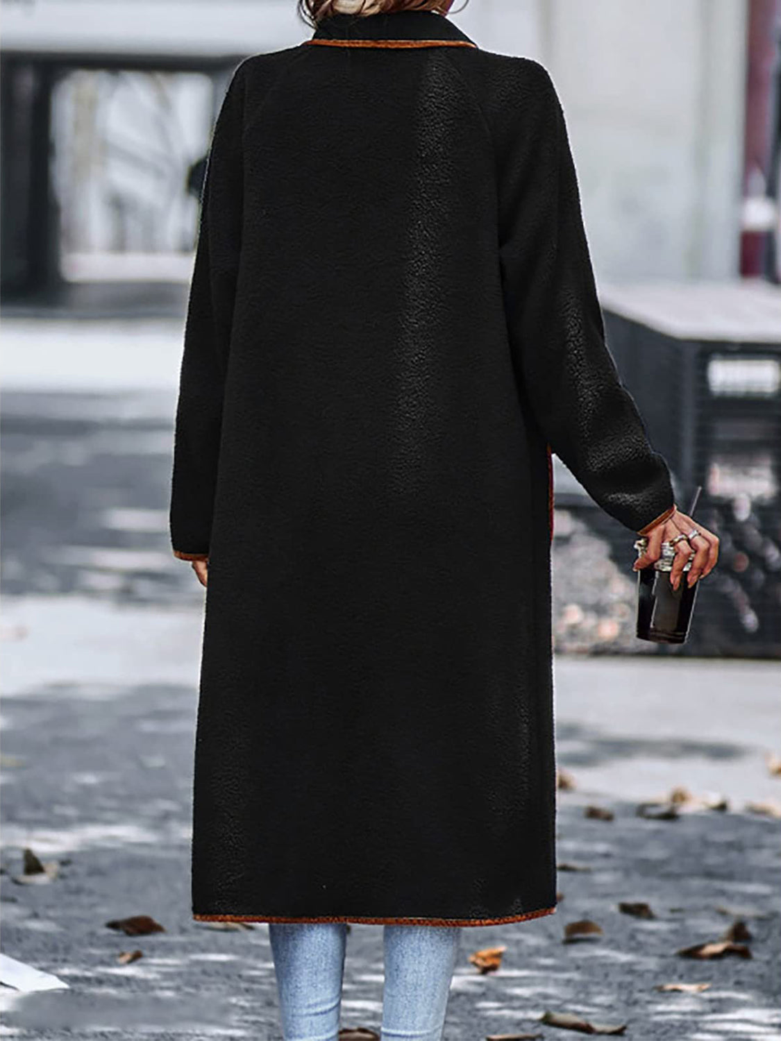 Long Contrast Trim Long Sleeve Coat with Pockets