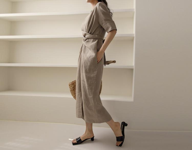 Korean Style Tie Waist Linen Dress