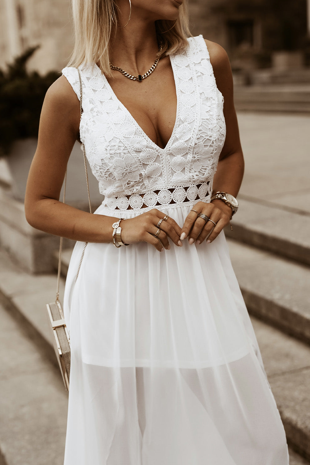 Lace and Sheer V-Neck Dress