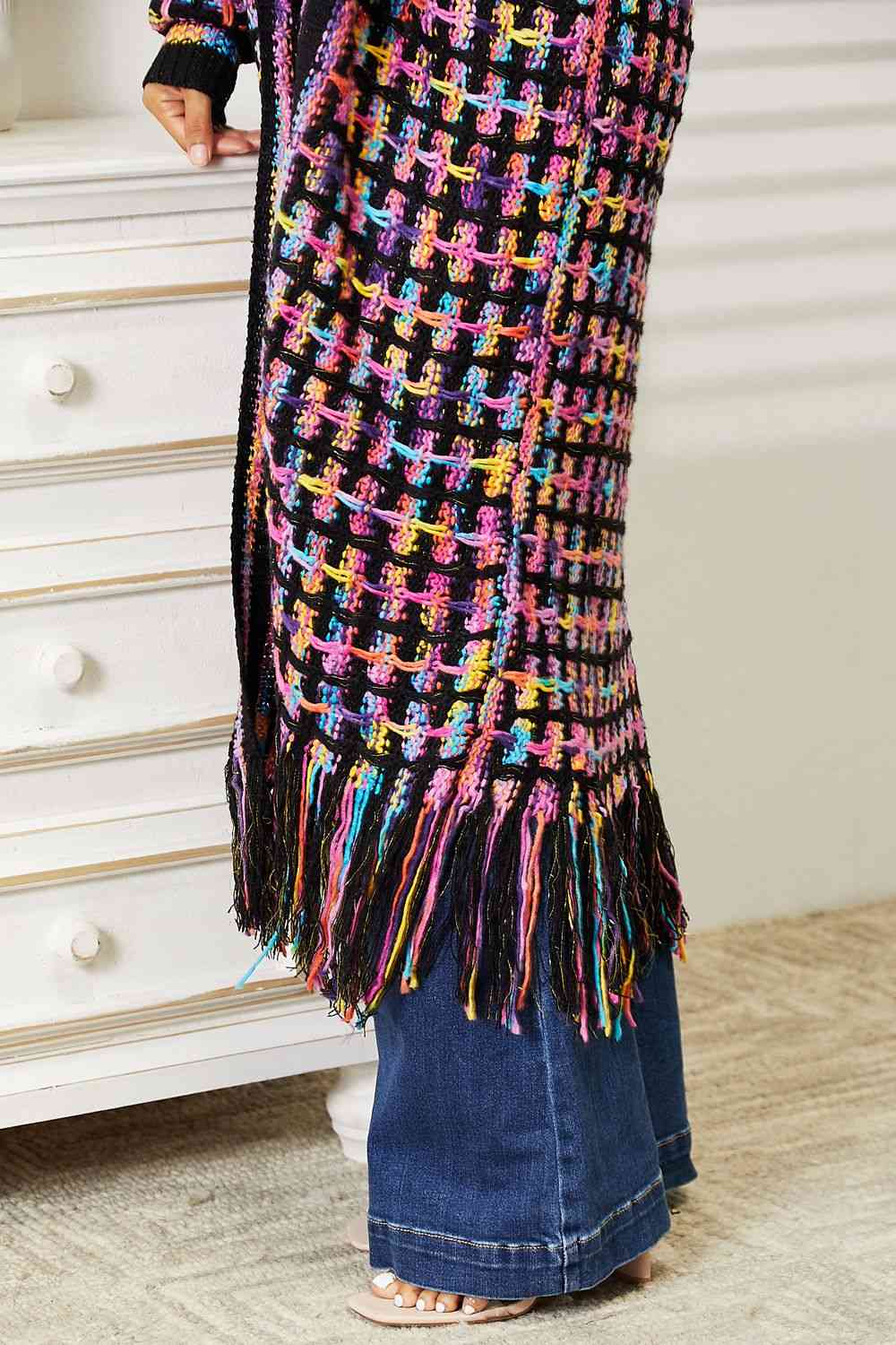 Double Take Multicolored Fringe Hem Cardigan