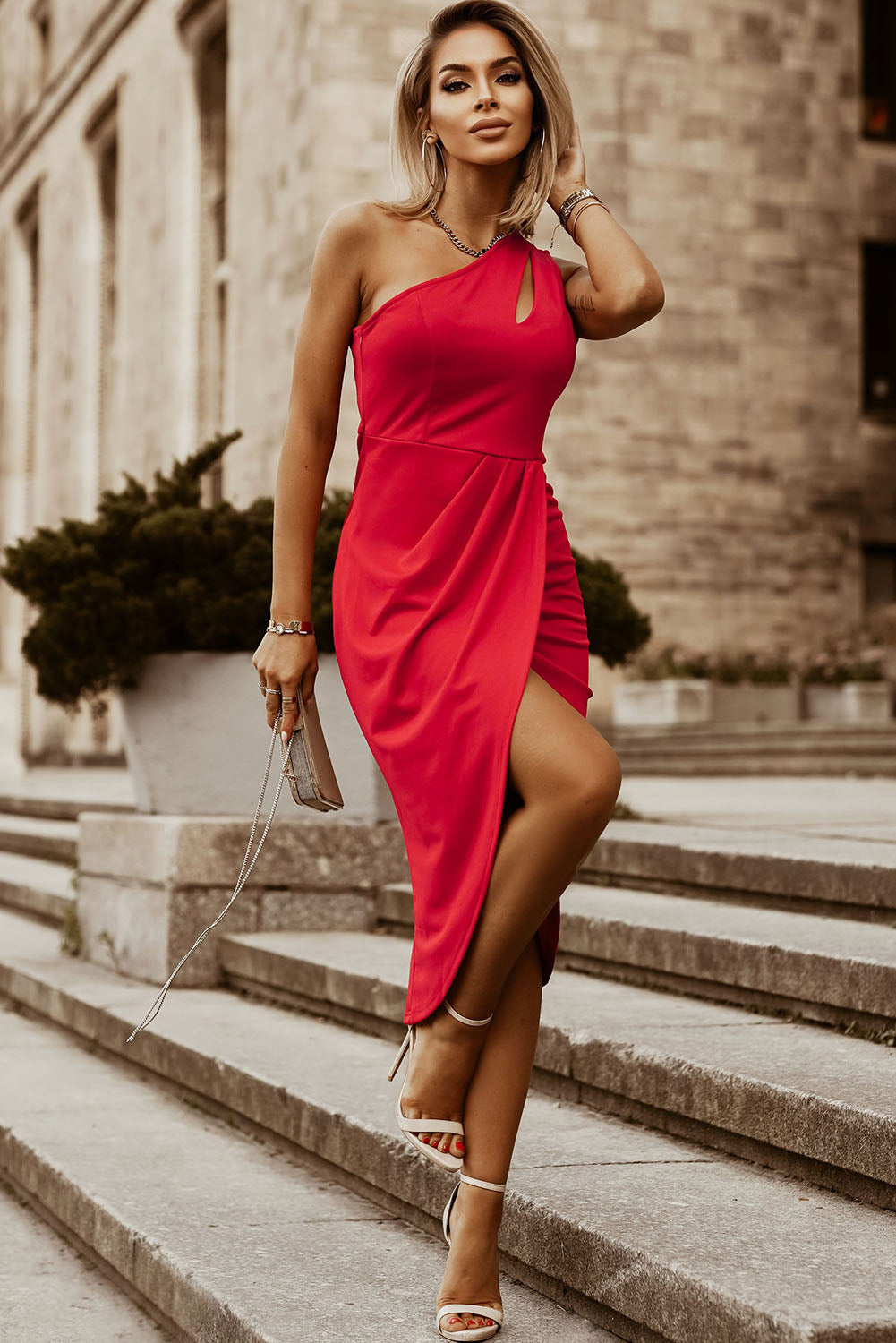 Ruched Single Shoulder Cutout Dress