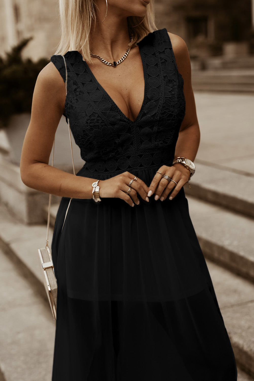 Lace and Sheer V-Neck Dress