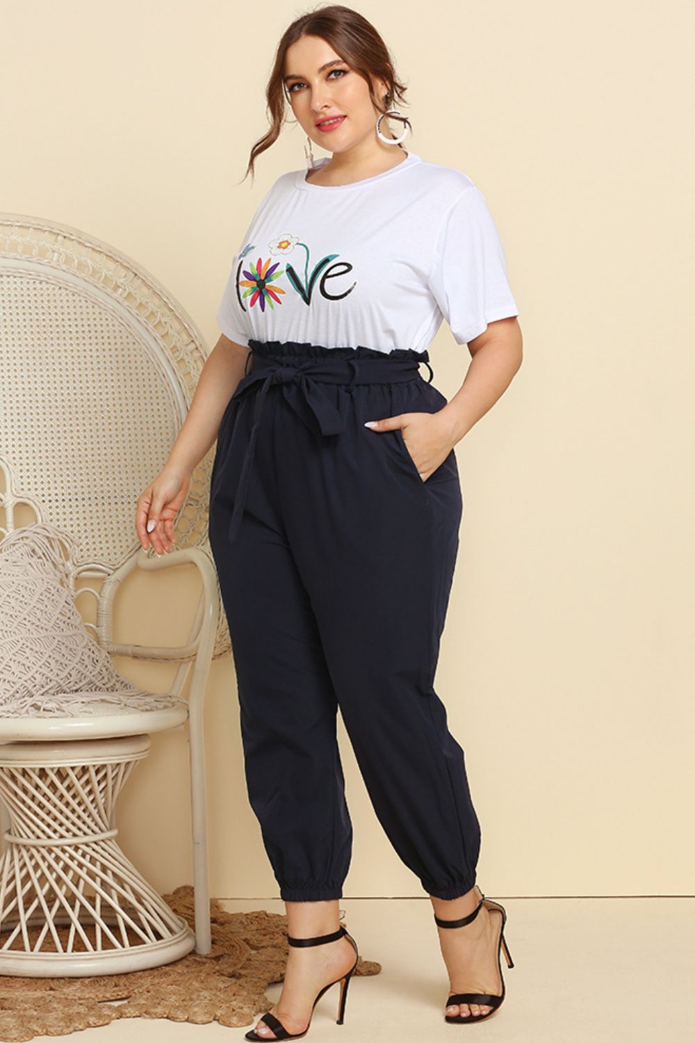 "Love" Graphic Tee and Belted Paperbag Joggers Set