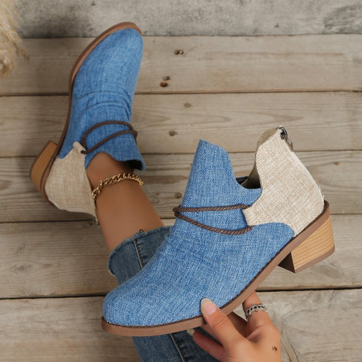 Contrast Canvas Low Heel Shoe Boots