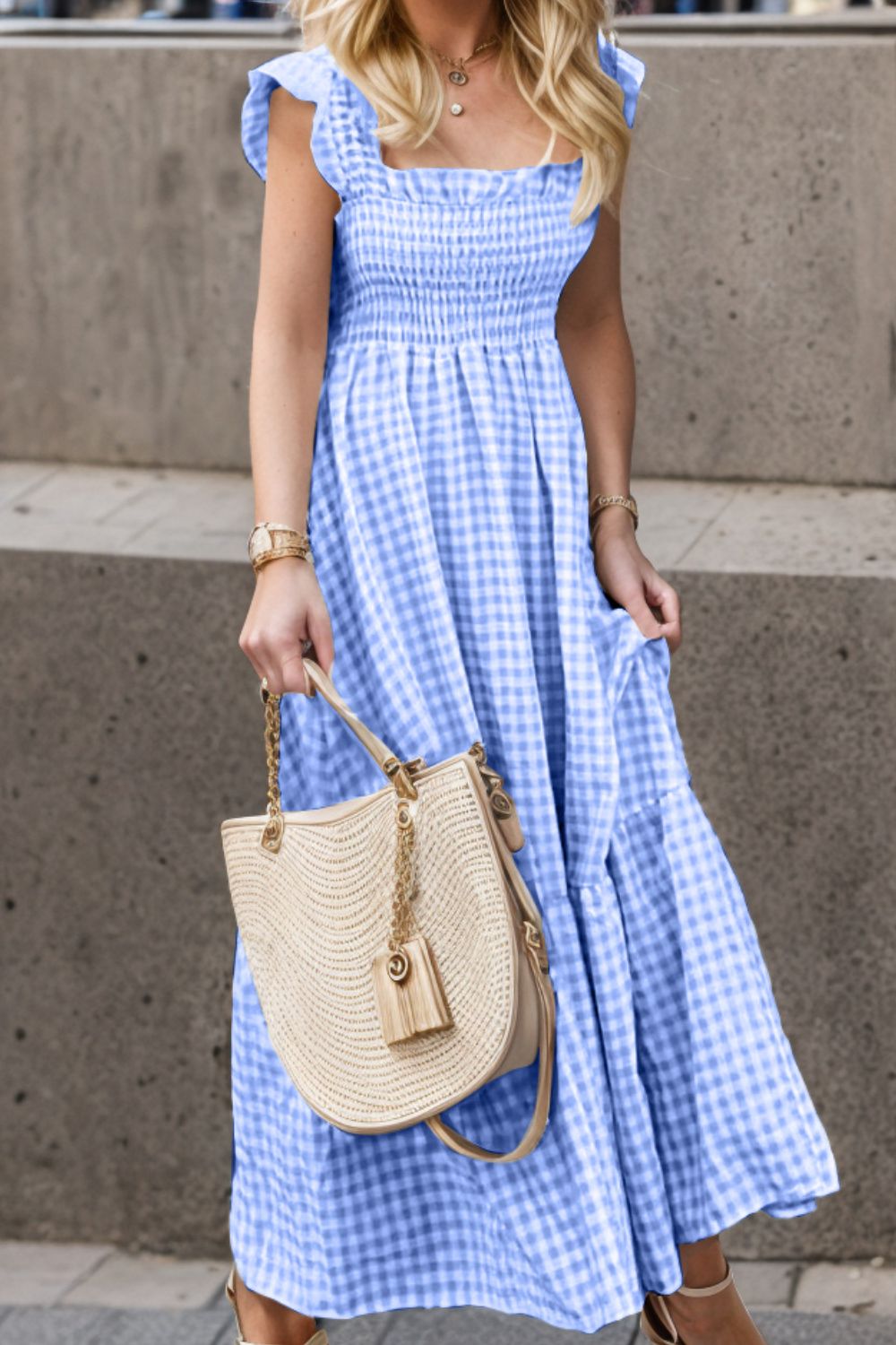 Country Girl Smocked Ruffled Plaid Ruffle Hem Dress