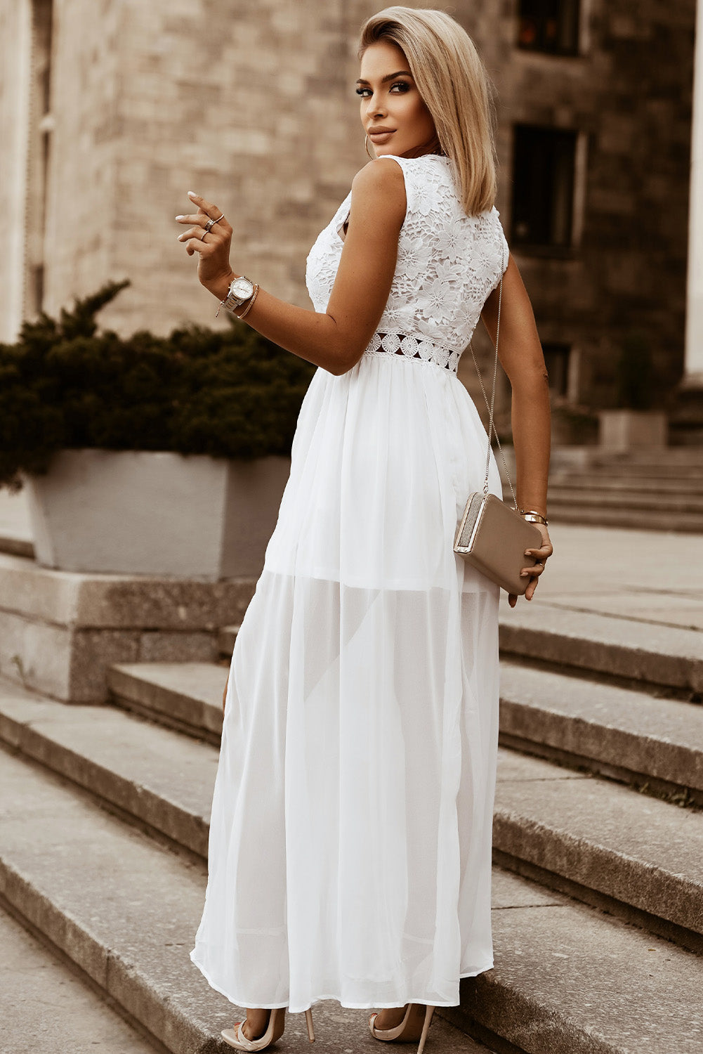 Lace and Sheer V-Neck Dress