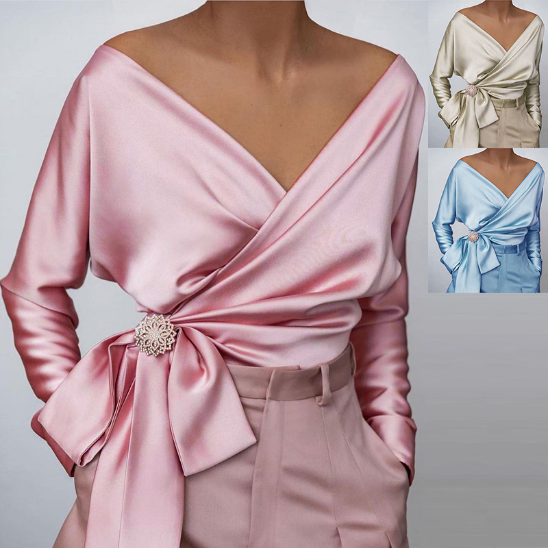 Satin Off-Shoulder Wrap Design Blouse