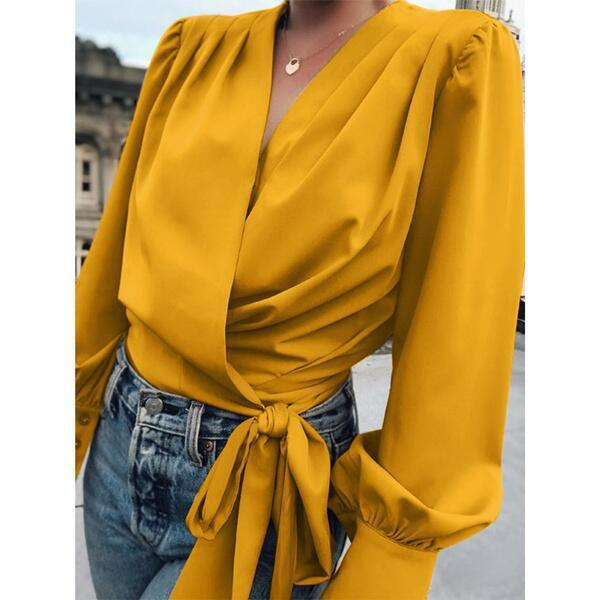 Elegant Solid Color Lantern Sleeve Surplice Bowknot Blouse
