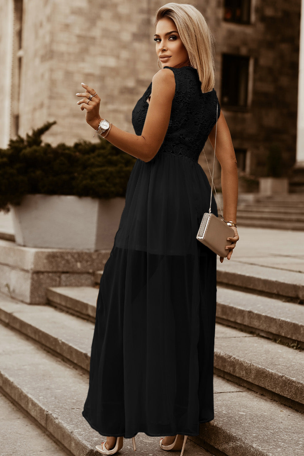 Lace and Sheer V-Neck Dress