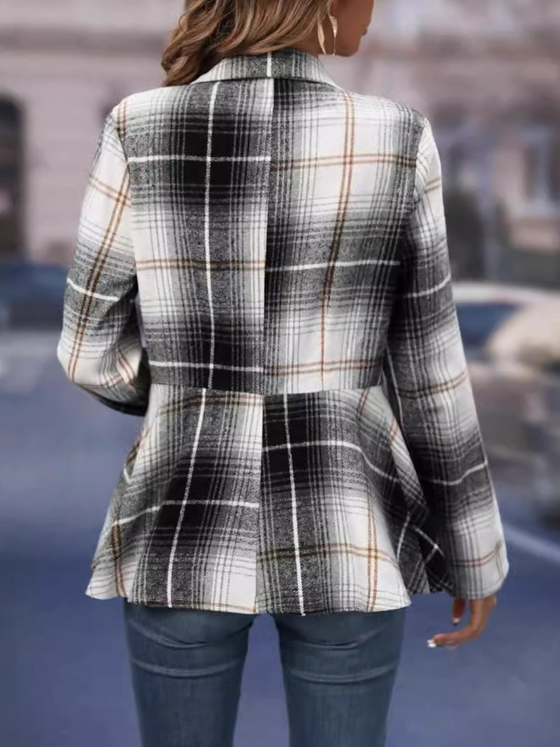 Plaid Button Up Long Sleeve Blazer