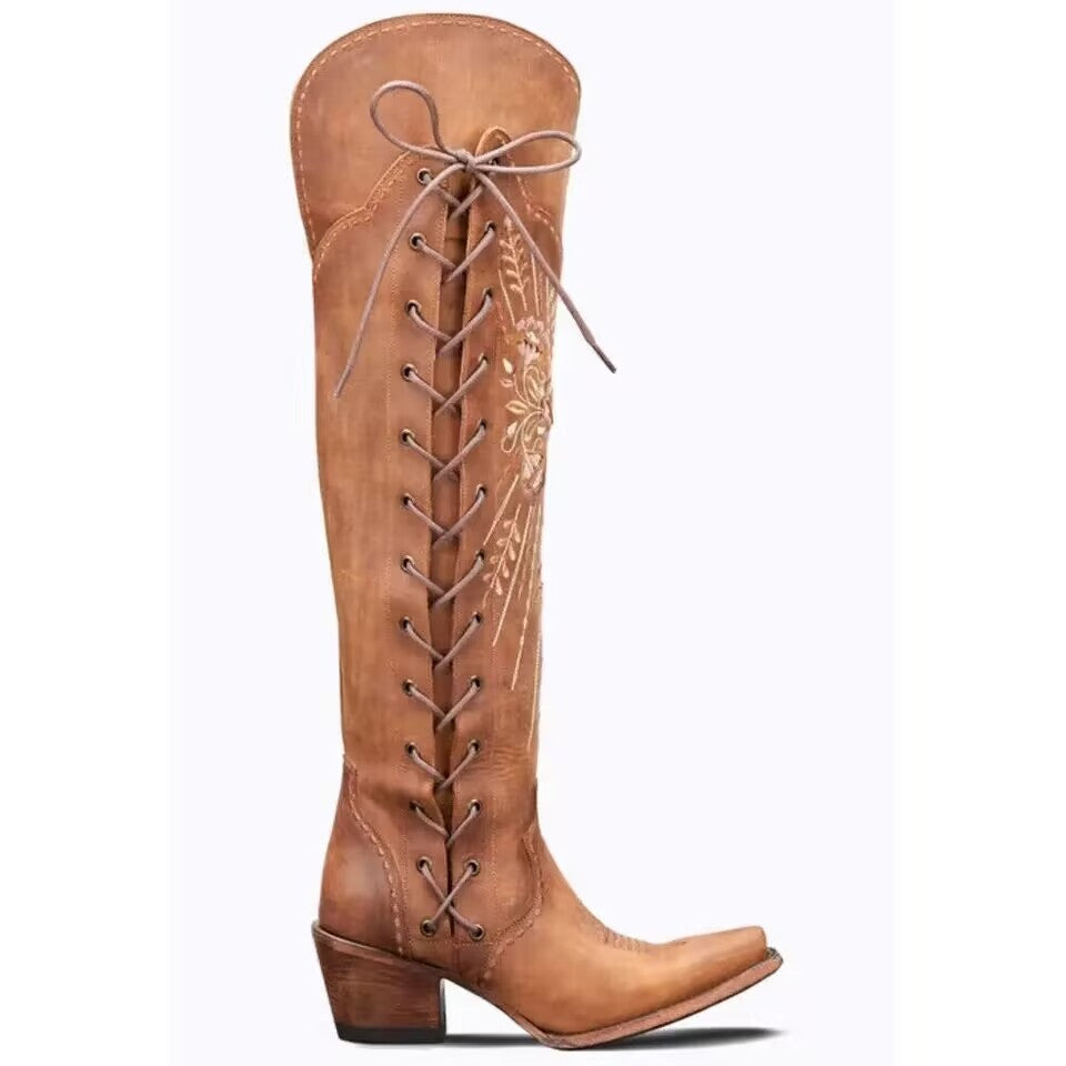 Retro Cowgirl Chunky Heel Embroidered Pointed Toe Boots