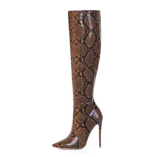 New Stiletto Heel Snake Pattern High-top Boots