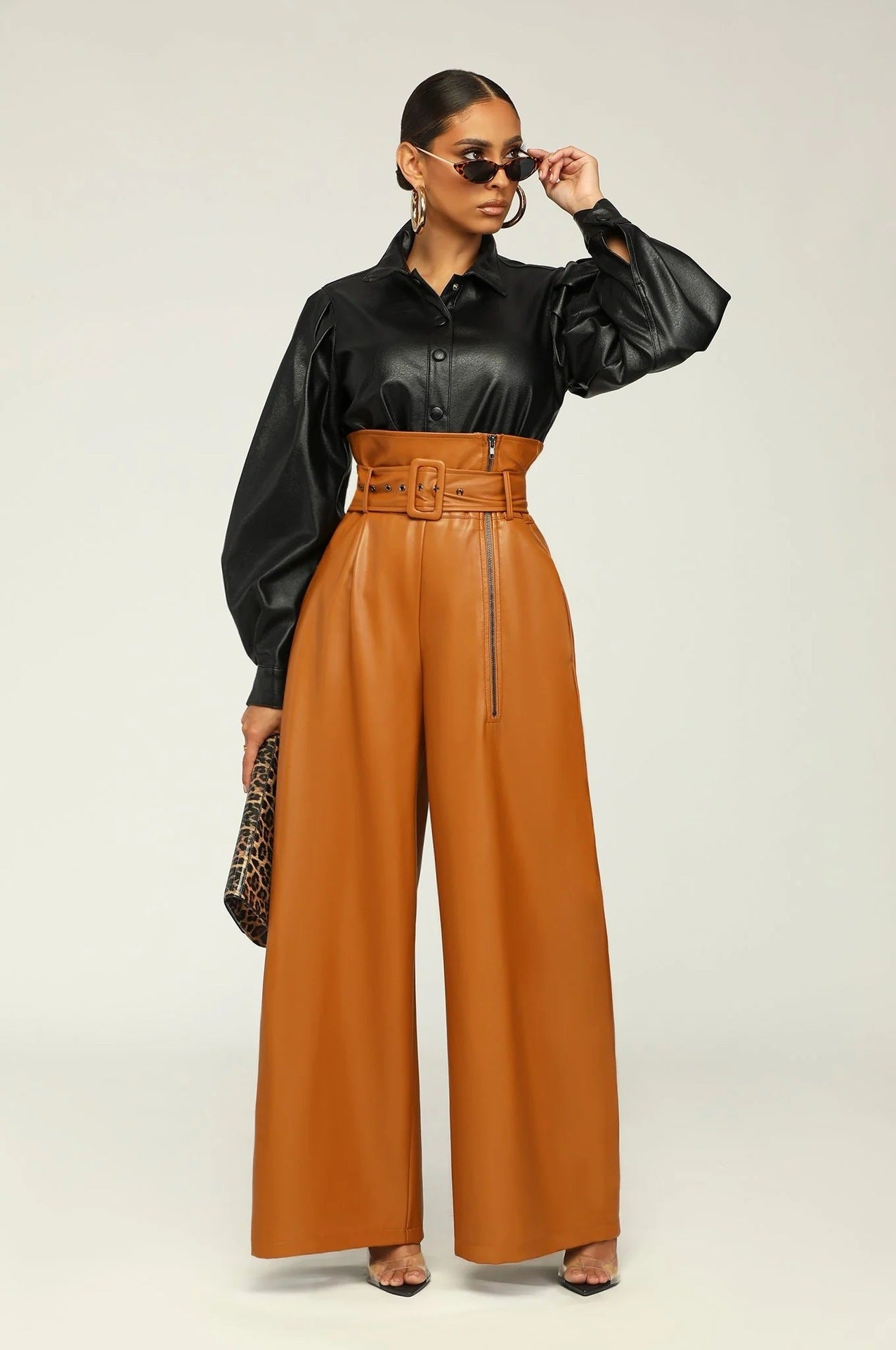 High Waist Wide Leg Faux Leather Pants