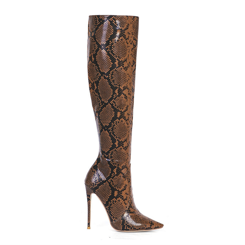 New Stiletto Heel Snake Pattern High-top Boots