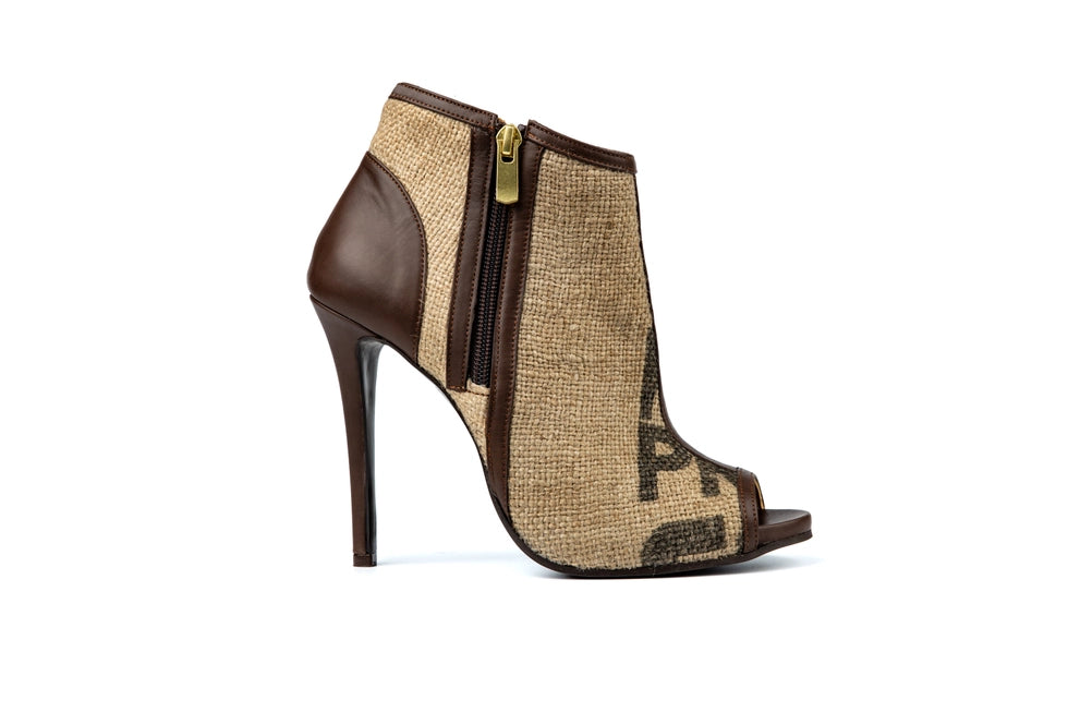 Coffee Burlap Peep Toe Ankle Boots By Flowers & Leaves