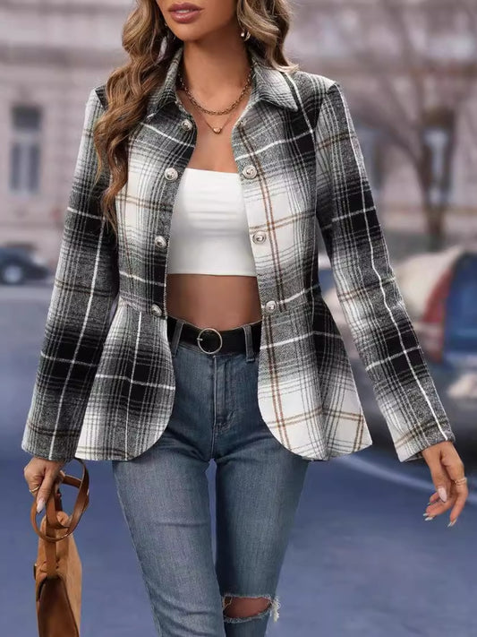 Plaid Button Up Long Sleeve Blazer